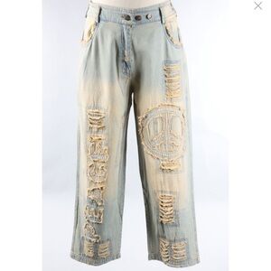 Light Blue Distressed Peace Sign Wide-Leg Jeans